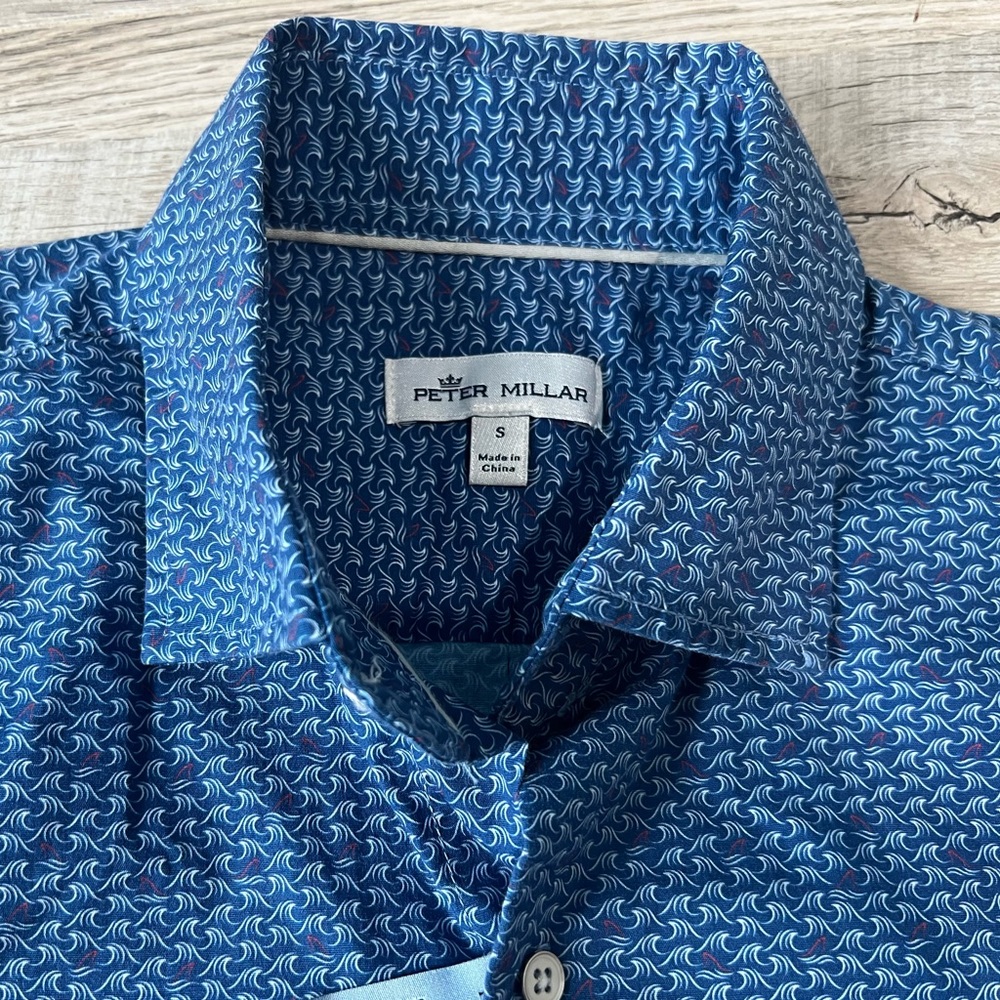 Peter Millar Waves And Fins Cotton-Stretch Sport Shirt in Ocean Blue NWT Sz S